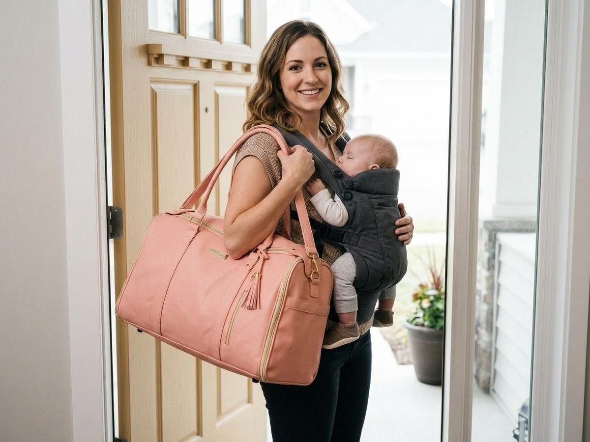 A young mom holding a single soft carry-on bag, ready to leave for the airport with her baby