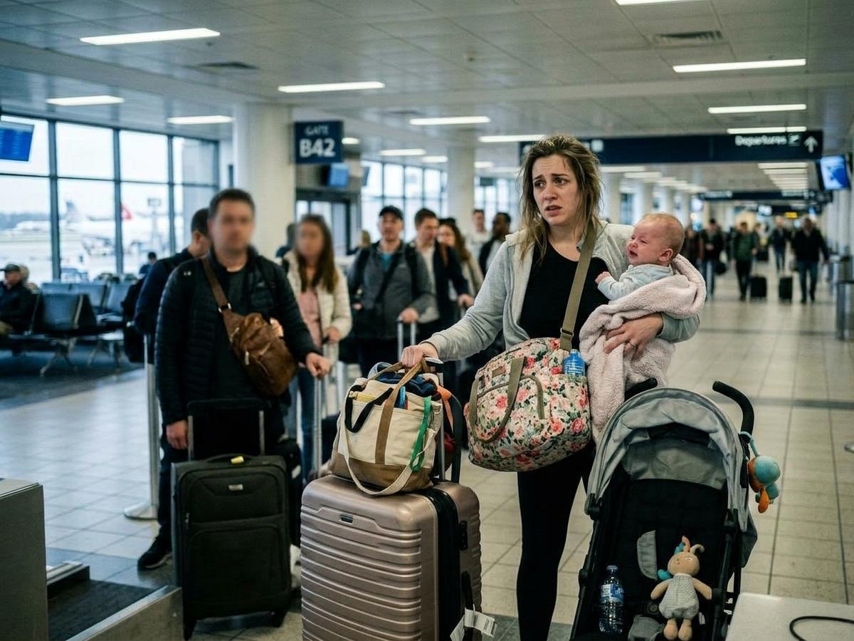 A stressed mom surrounded by too many bags and baby gear, dreading the trip through the airport