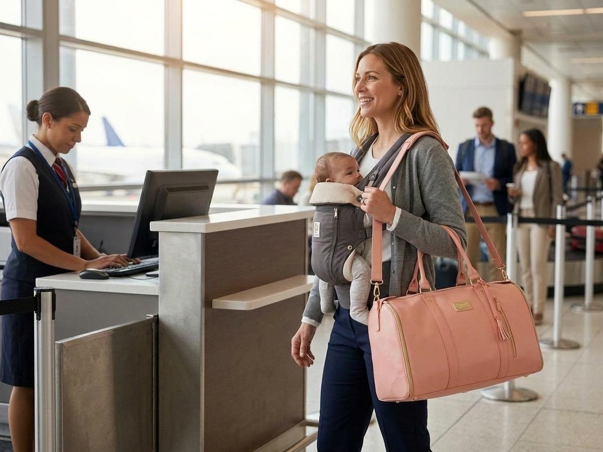 A young mom walking confidently through the airport with her baby and the Luhxe bag