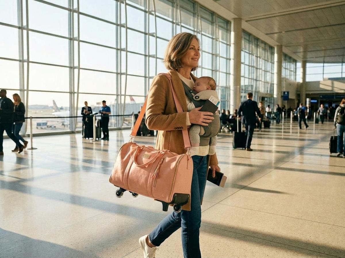A young mom traveling confidently with her baby and one carry-on bag